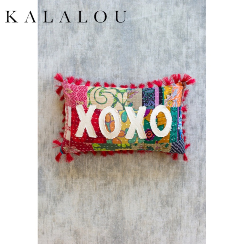 Kalalou Kantha XOXO Pillow with Tassels